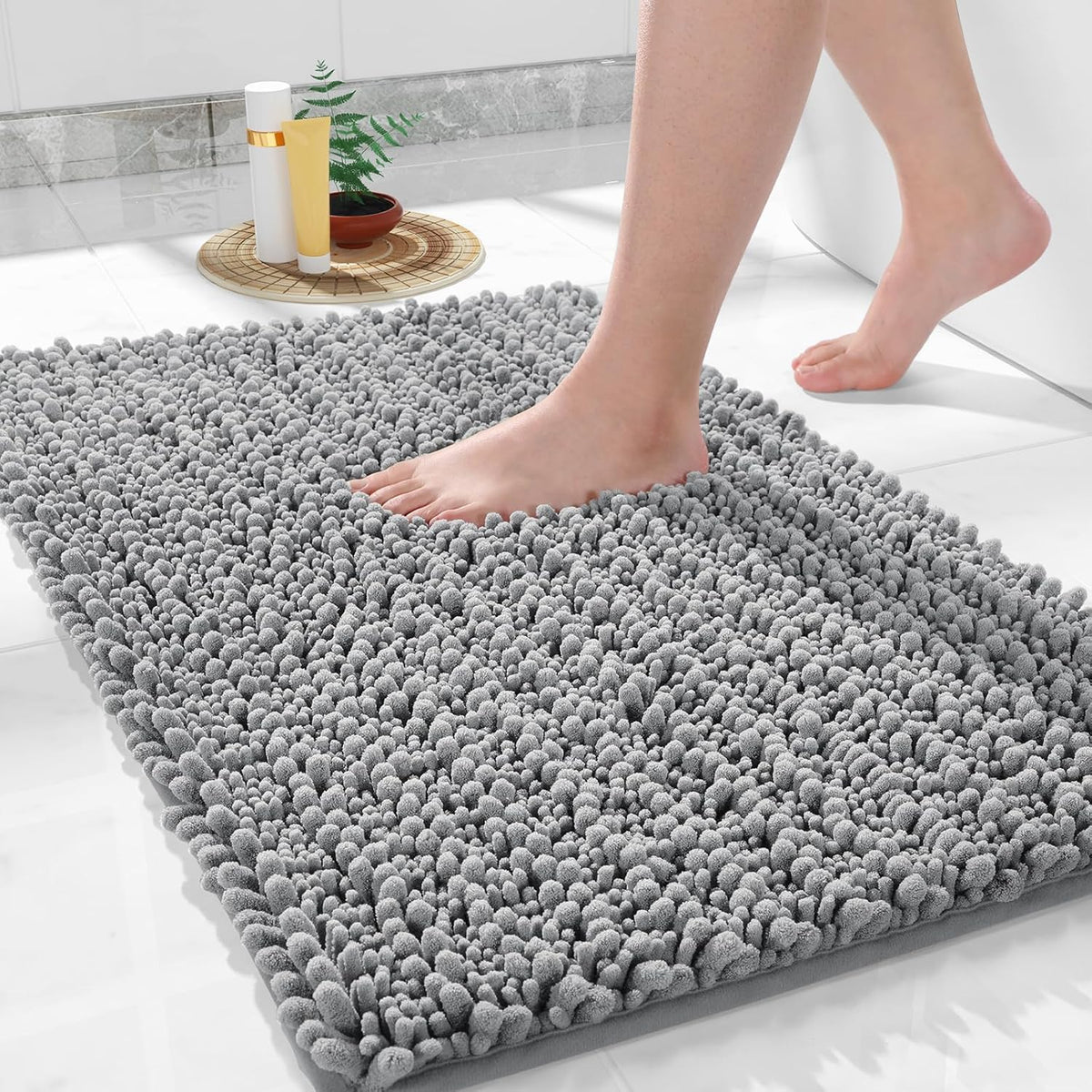 Yimobra Bathroom Rugs Non Slip Washable 24x17 Inch - Ultra Soft Absorbent Chenille Bath Mat, Quick Dry Shaggy Floor Carpet for Tub Shower, Gray Home Decor Accessories