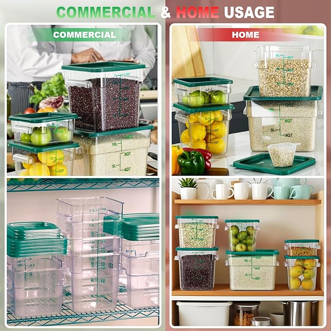 4QT NSF Food Storage Containers with Lids: 4 PCS [Total Food Grade][Hot&Cold Resistant] Commercial Clear Food Storage Containers for Restaurant Kitchen Proof Dough, Measuring Spoons Included(Green)
