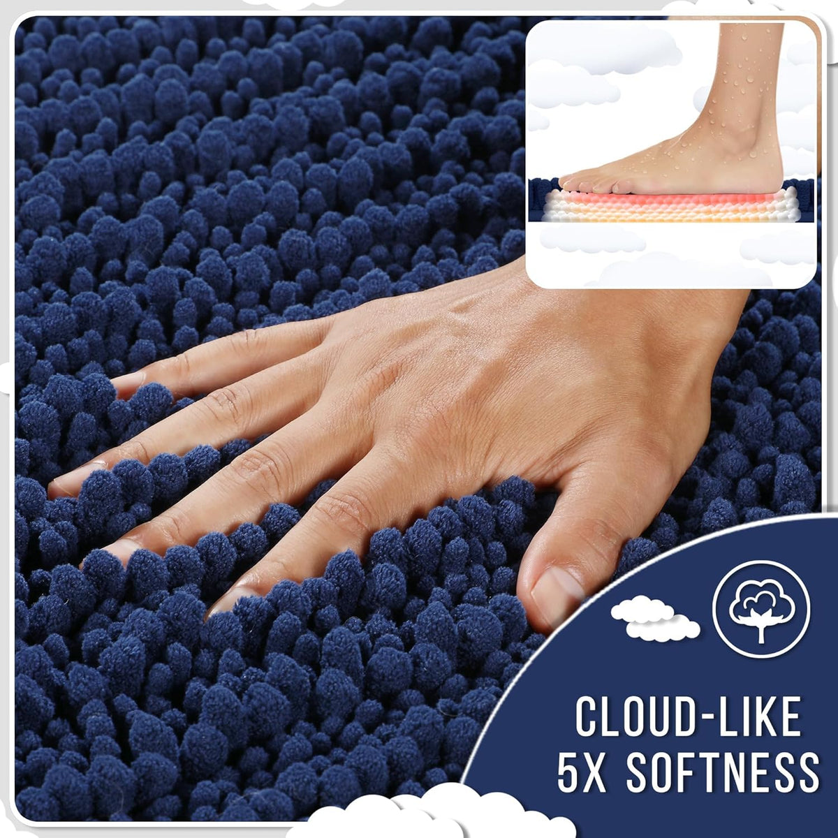 Yimobra Long Bathroom Rugs Non Slip Washable 44x24 Inch - Ultra Soft Absorbent Chenille Bath Mat, Quick Dry Shaggy Floor Carpet for Tub Shower, Navy Blue Home Decor Accessories