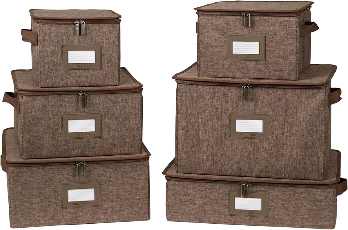 Covermates Keepsakes Dish Storage Box - Stackable, Reinforced Handles, China Storage, Brown Heather