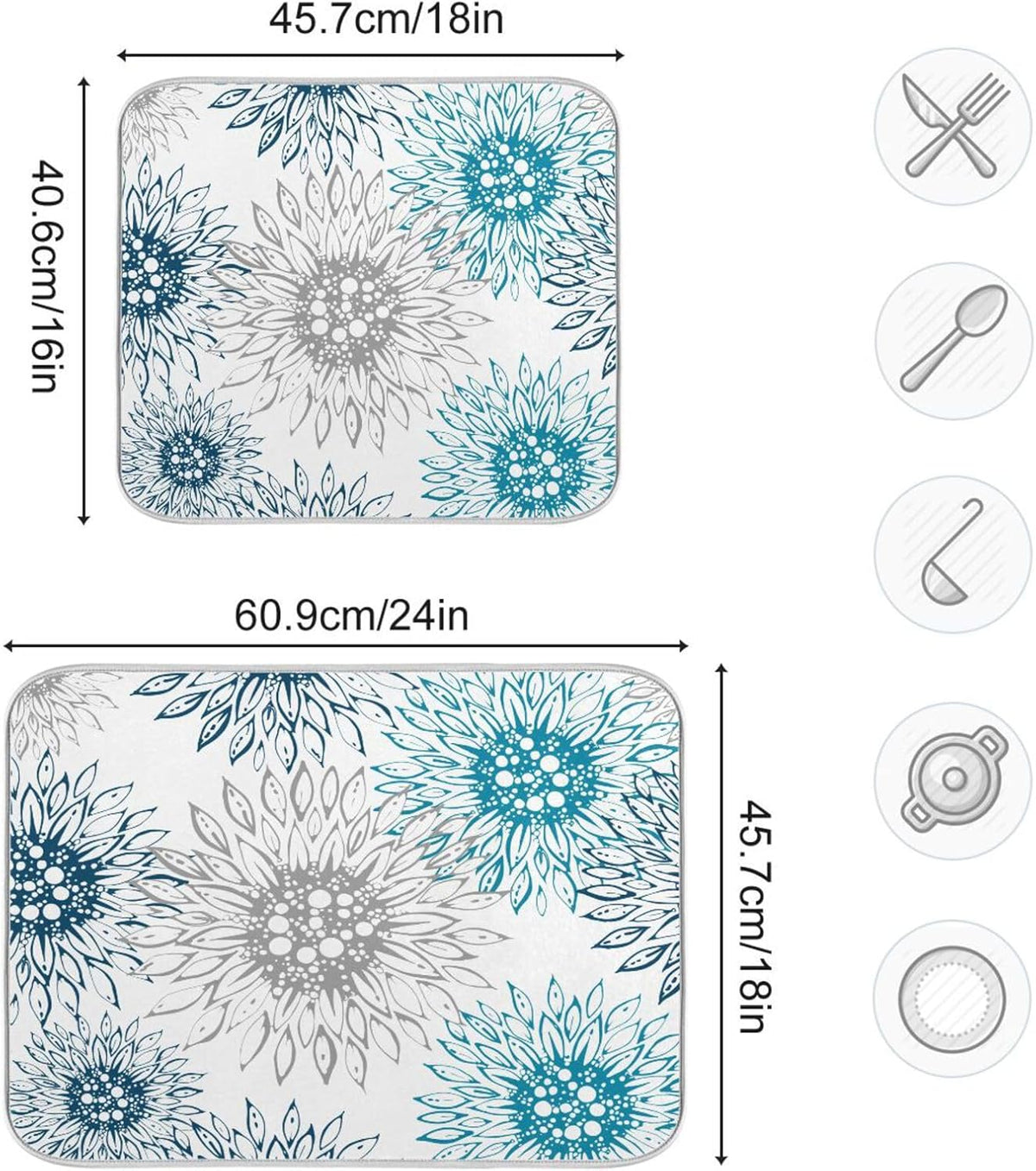 Abstract Flowers Sunflowers Dish Drying Mat for Kitchen Counter Absorbent Microfiber Drying Pad, Medium 16x18 in, Blue White Reversible Drainer Mats
