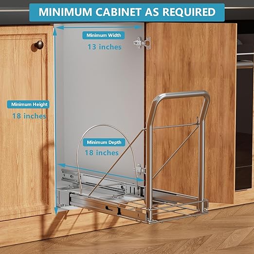Pull Out Trash Can Under Cabinet with Soft-Close Slides，Heavy Duty Slide Out Under Sink Garbage Can for Kitchen，Adjustable Tail Groove for Can，Requires 13" W X 18" D Cabinets,(Not Included Trash Can)