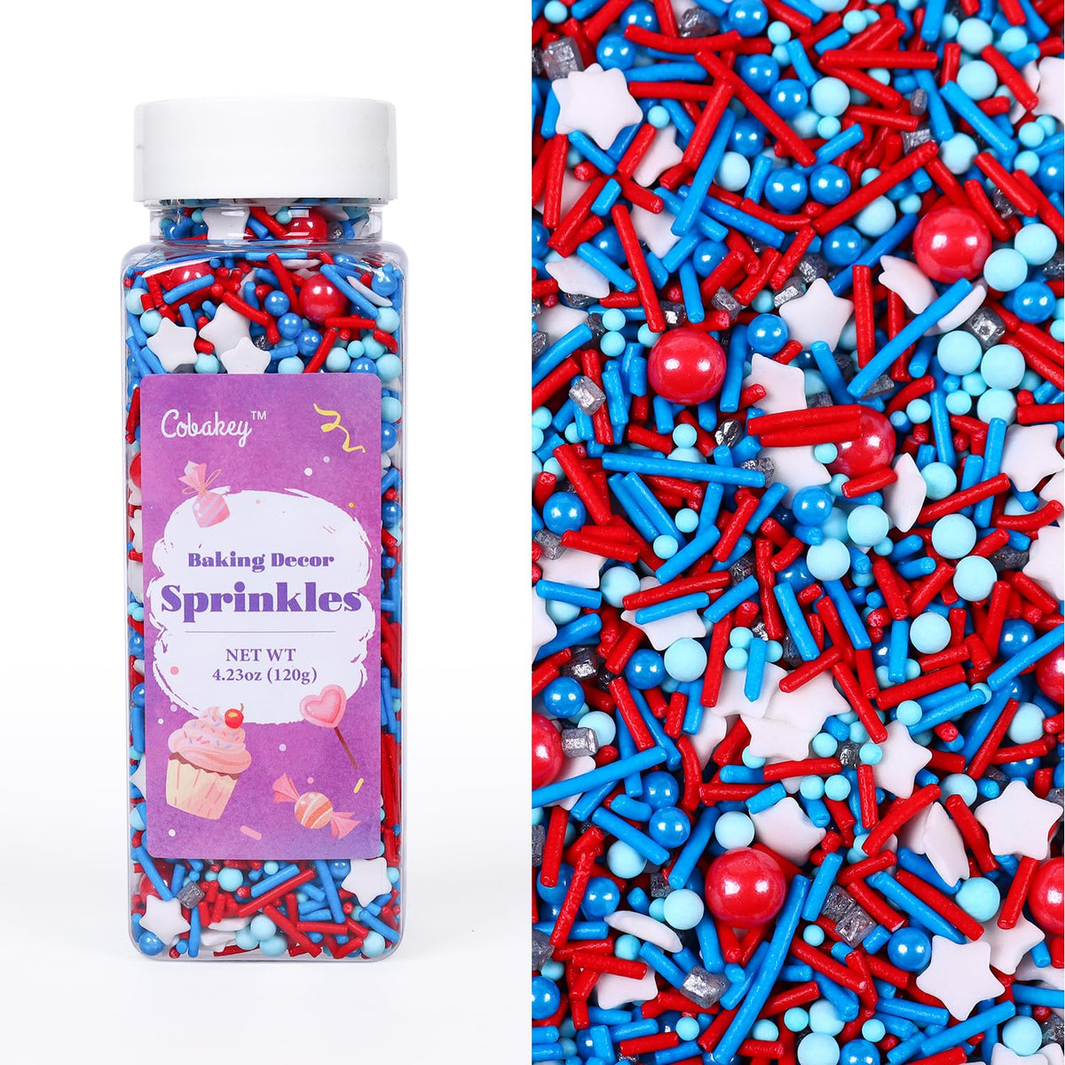 Cobakey Patriotic Sprinkles for Baking, Red White and Blue Sprinkles for Cupcakes, 4th of July Sprinkles Perfect for Independence Day Dessert Party 4.23 Ounce