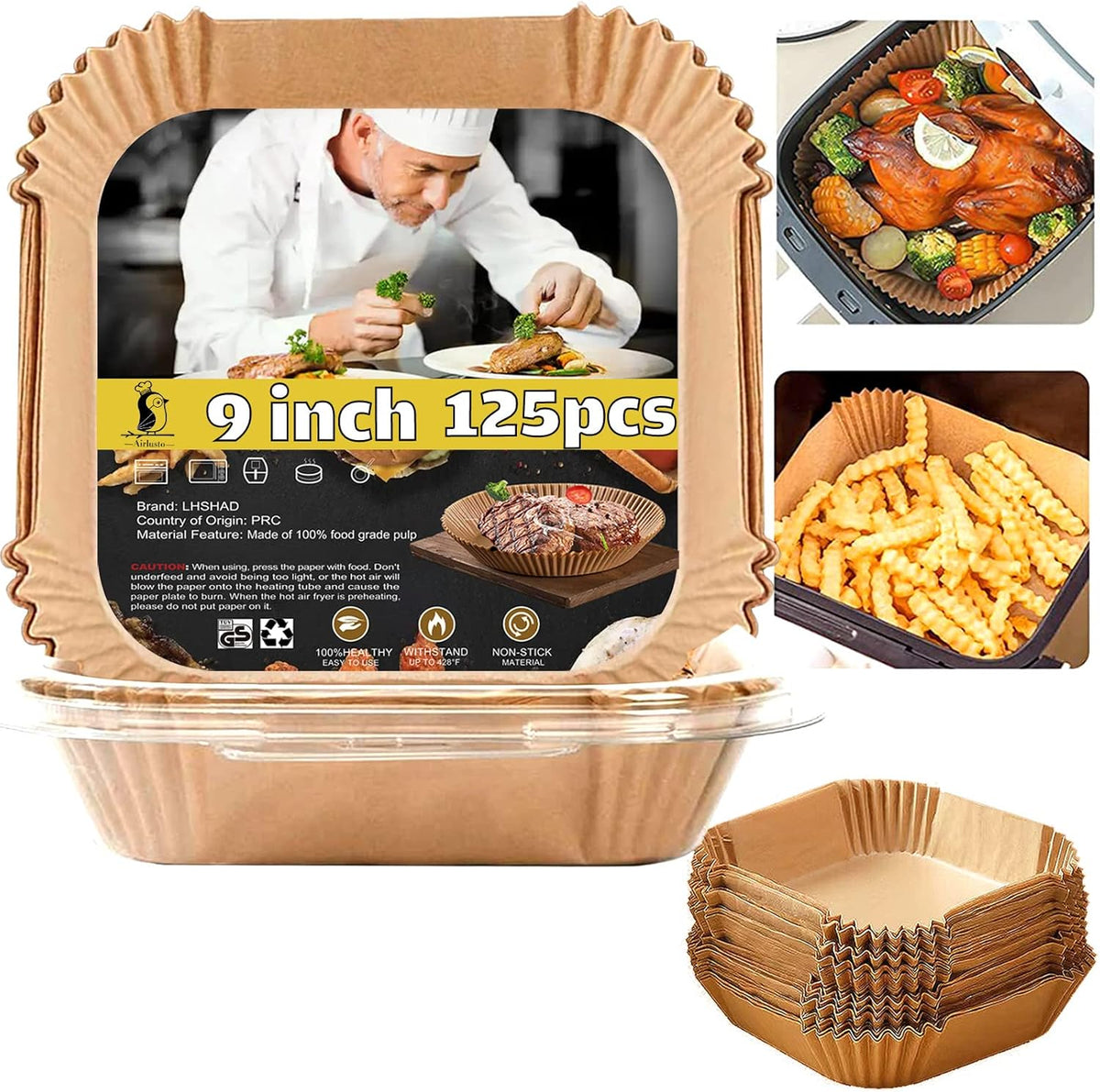 Air Fryer Liners Disposable 9 Inch, 9 inch Air Fryer Liners 125 Pcs Large Square Air Fryer Paper Liners for 5QT 6qt 8QT Air Fryer, Non-stick Parchment Paper for Frying, Baking