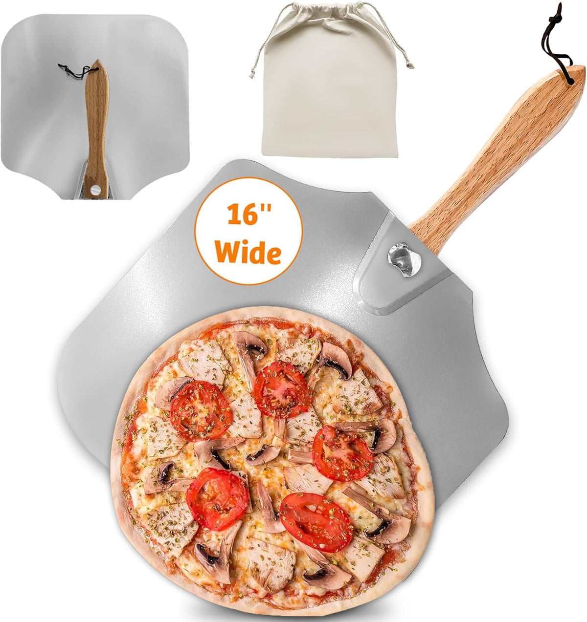 Pizza Peel 16 inch,16" Wx 18" L, Aluminum pizza peel with Foldable Wood Handle and Storage Bag, Non-perforated