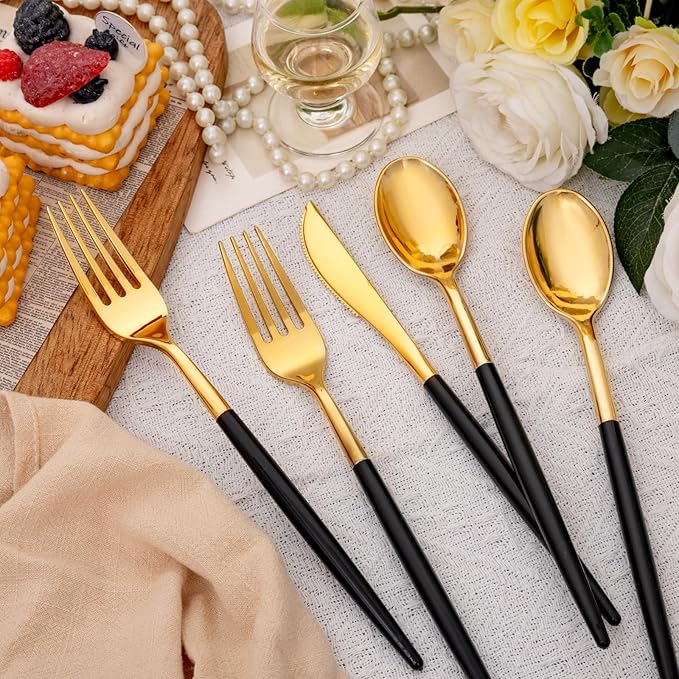 SUT Gold Plastic Silverware (160Pcs) Forks and Spoons Disposable, 80 Gold Plastic Forks, 40 Gold Knives, 40 Gold Spoons, Black and Gold Utensils Set Disposable for Parties, Weddings,New Year