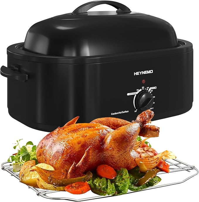 18 Quart Roaster Oven with Self-Basting Lid, Large Electric Turkey Roaster Oven with Defrost & Warm Function, Adjustable Temperature, Removable Pan & Rack, Stainless Steel, Black