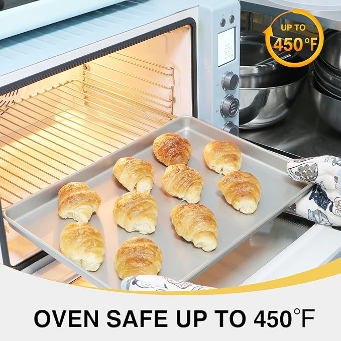 HONGBAKE Half Baking Sheet Pan Set of 2, Nonstick Cookie Sheet for Oven, Heavy Duty 1/2 Commercial Cookie Trays, Dishwasher Safe - Silver