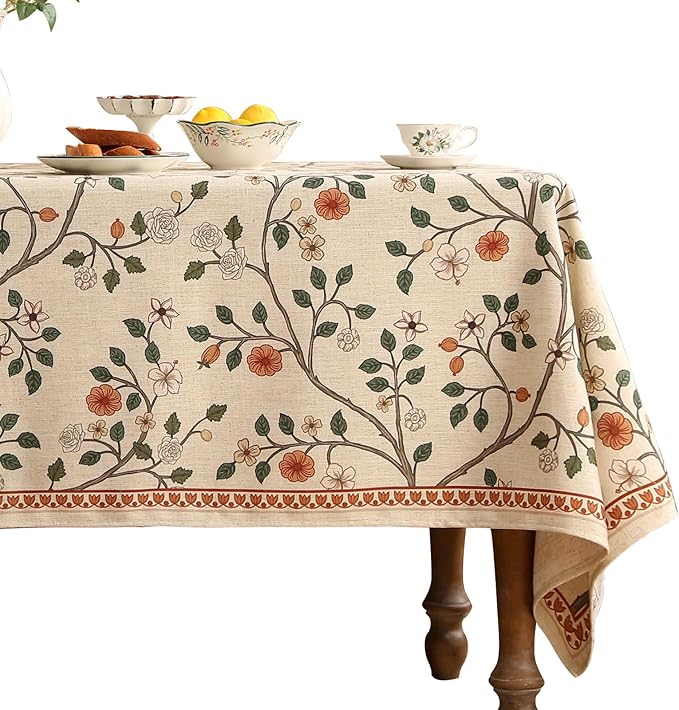 ISAENNE Designer Floral Small Rectangle Tablecloth,French Linen Light Beige Indoor Table Cloth,Fall Wrinkle Resistant Decor Tablecloths for Dining Thanksgiving Kitchen,55"*71"-Flora A