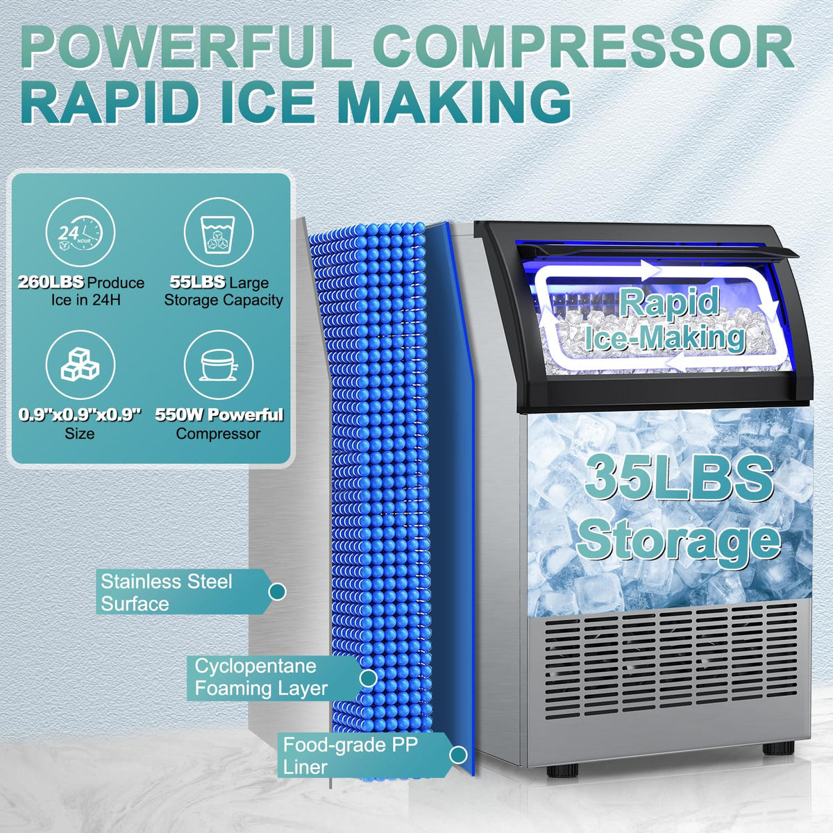 Commercial Ice Maker Machine 260Lbs/24H, 72pcs Ice Cubes Under Counter Ice Machine with Water Line and Filter, Freestanding Ice Maker Machine with 55Lbs Storage ice Bin for Home/Shop/Office/Bar