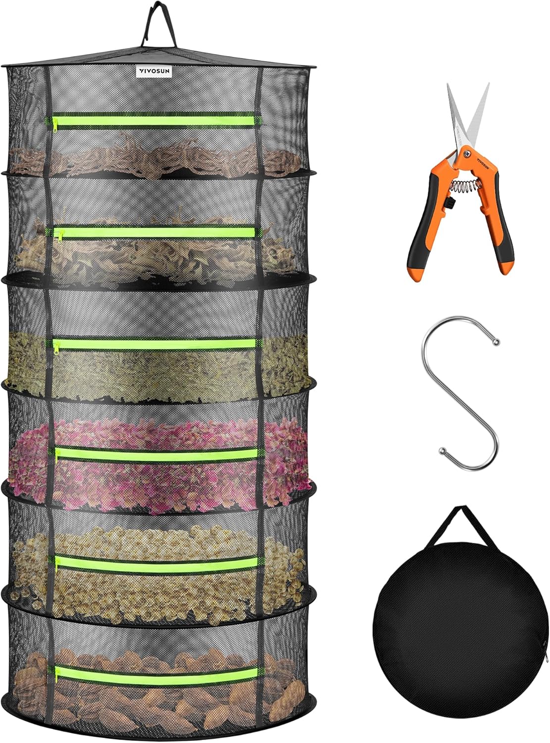 VIVOSUN 6-Layer Mesh Drying Rack Hanging Design with Green Zippers for Dehydrating, Indoor and Outdoor Pruning Shears Included