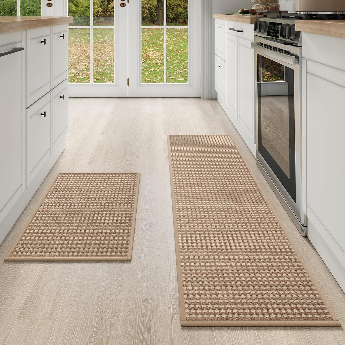 Kitchen Mat Kitchen Rugs Sets of 2 PCS Non Slip Washable, Super Absorbent Soft Braided Kitchen Mats for Floor, Rubber Backing Comfort Standing Kitchen Sink Mat Runner Rug, Brown 17"x28"+17"x59"