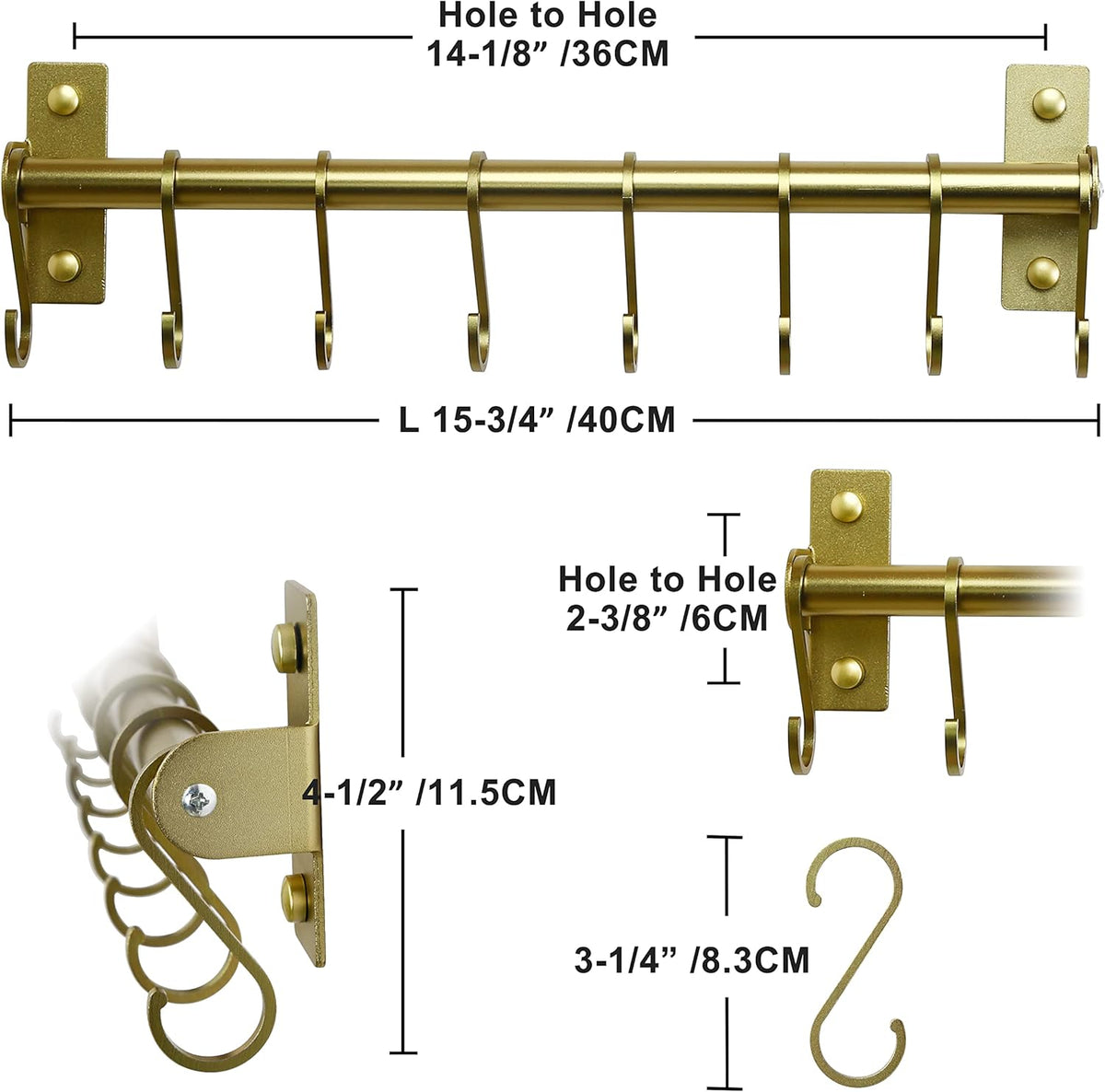 Dseap Kitchen Utensil Holder Hanger, Pot and Pan Rack Wall Mounted, Kitchen Rail with 8 Hooks for Hanging Cooking Utensils, Mugs, Spoons, Wall Mounted, Champagne Color, Pack of 2