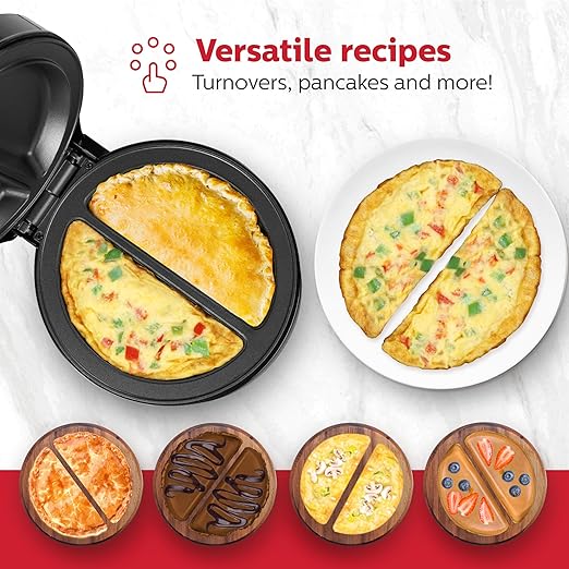 Holstein Housewares Stainless Steel 2 Section Omelet & Frittata Maker, Non Stick Coating, Easy To Clean, Indicator Lights, Compact Storage, Prepare Versatile Recipes in Minutes. 2 Portions, Black