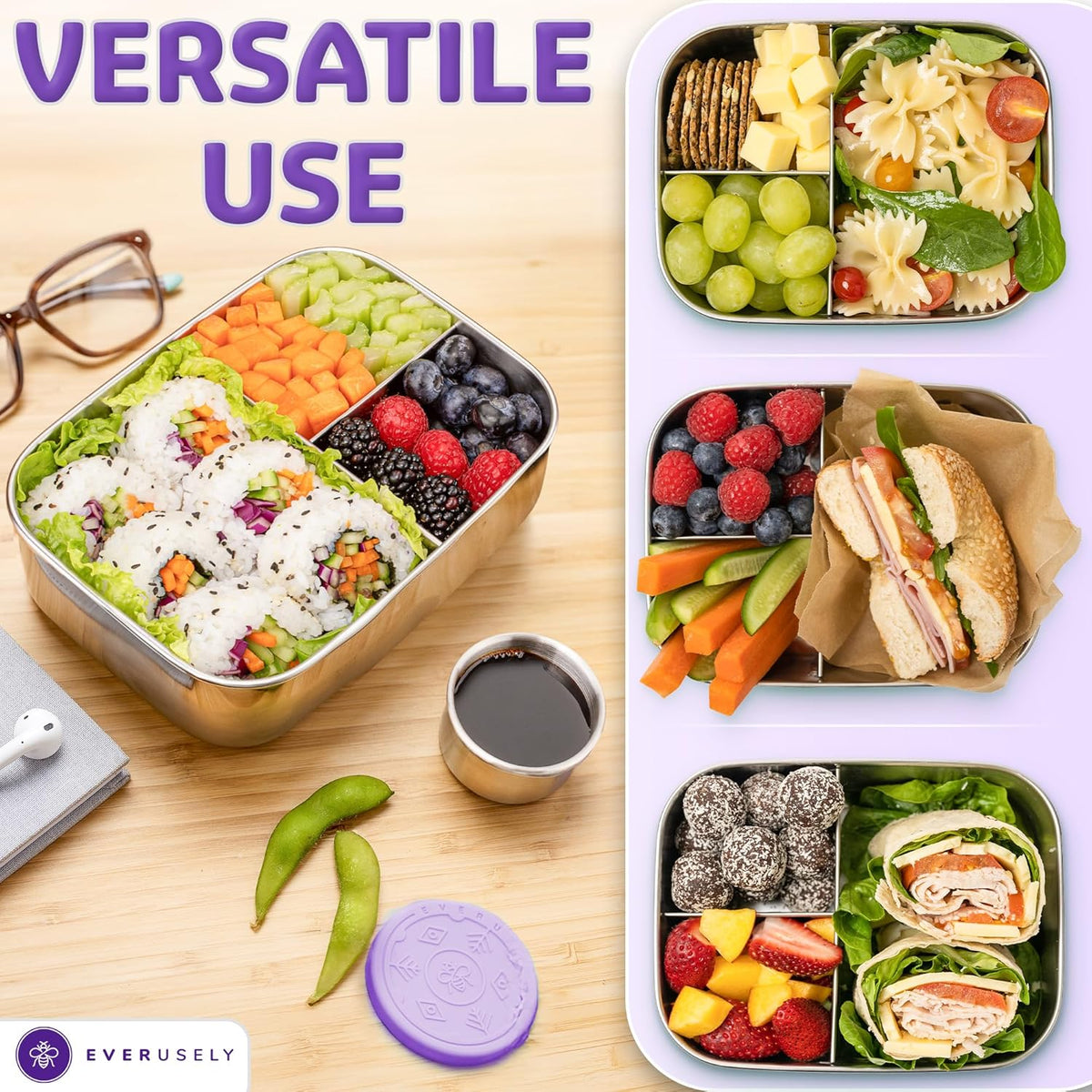 Everusely - Bento Box - Lavender, 37oz / 1.1 L - Stainless Steel Lunch Box with Leakproof Condiment Container - 3 Compartment Snack Organizer for On the Go Meals - Freezer & Dishwasher Safe
