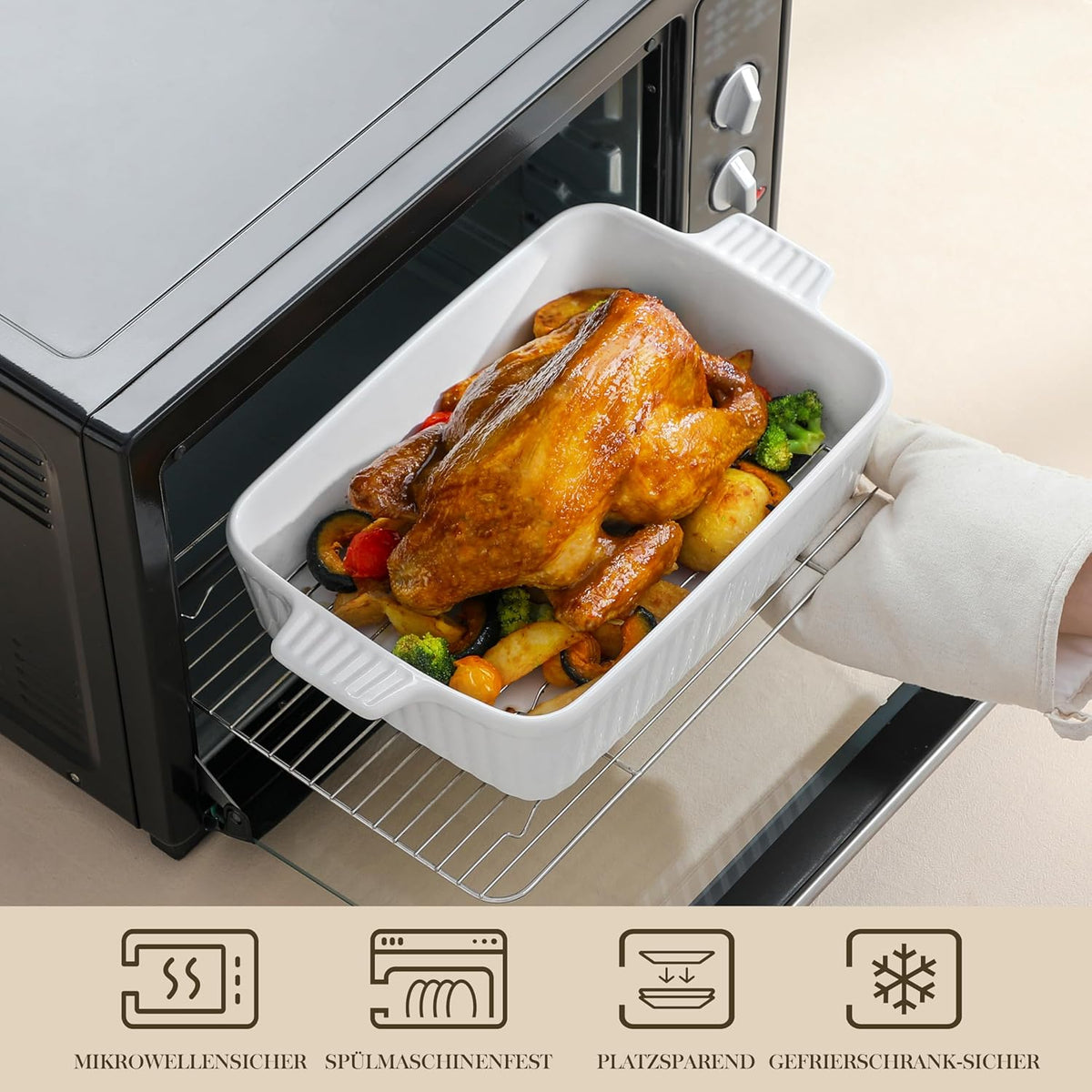 MALACASA 4.4 QT Baking Dish with Rack, 9x13 Large Casserole Dish for Oven, Ceramic Baking Pan with Rack, Rectangular Lasagna Pan Deep with Handles for Baking, Durable Microwave Oven Safe, White