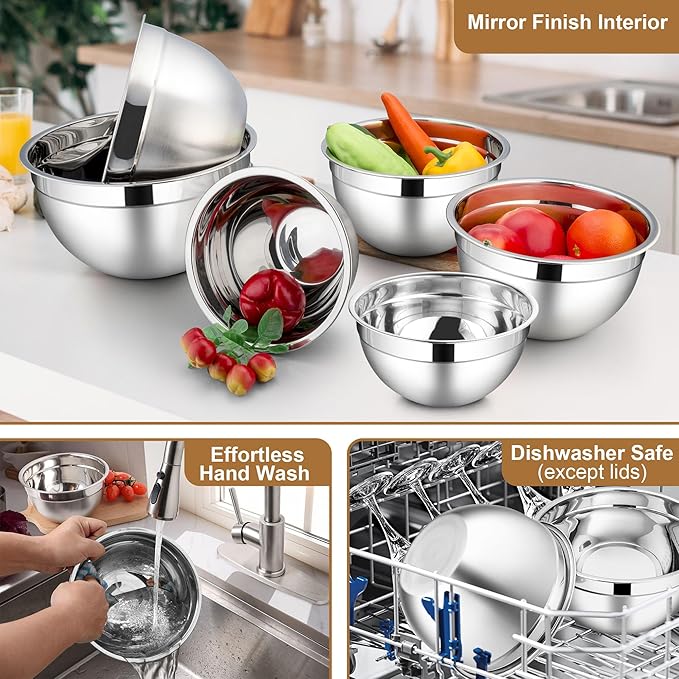 LIANYU Mixing Bowls with Airtight Lids Set, 6 Piece Stainless Steel Metal Kitchen Nesting Bowl, Size 7, 3.5, 2.5, 2, 1.5, 1QT for Prepping, Baking & Food Storage, Dishwasher & Freezer Safe, Khaki