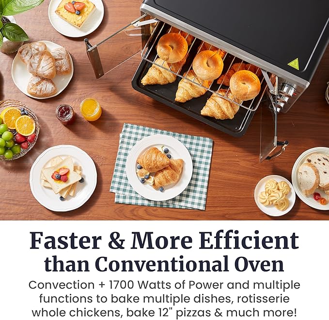 Elite Gourmet ETO4524 45L Countertop Convection Toaster Oven, French Doors, Adjustable Temperature & Timer, Bake, Roast, Broil, Toast, Includes Baking Pan, Rack, Rotisserie, Stainless Steel