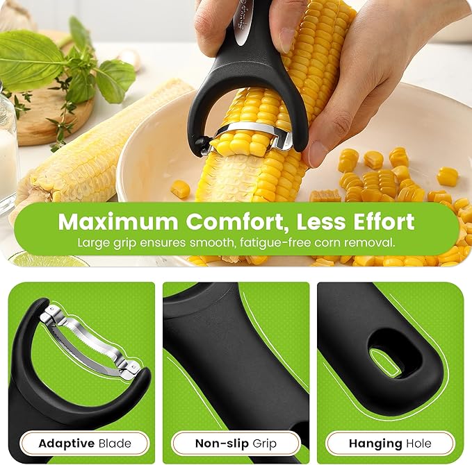 Spring Chef Stainless Steel Corn Peeler – Corn on the Cob Stripper Tool – Durable & Efficient Kernel Remover Tool – Easy to Use Kernel Cutter - Dishwasher Safe Kitchen Gadget - Black