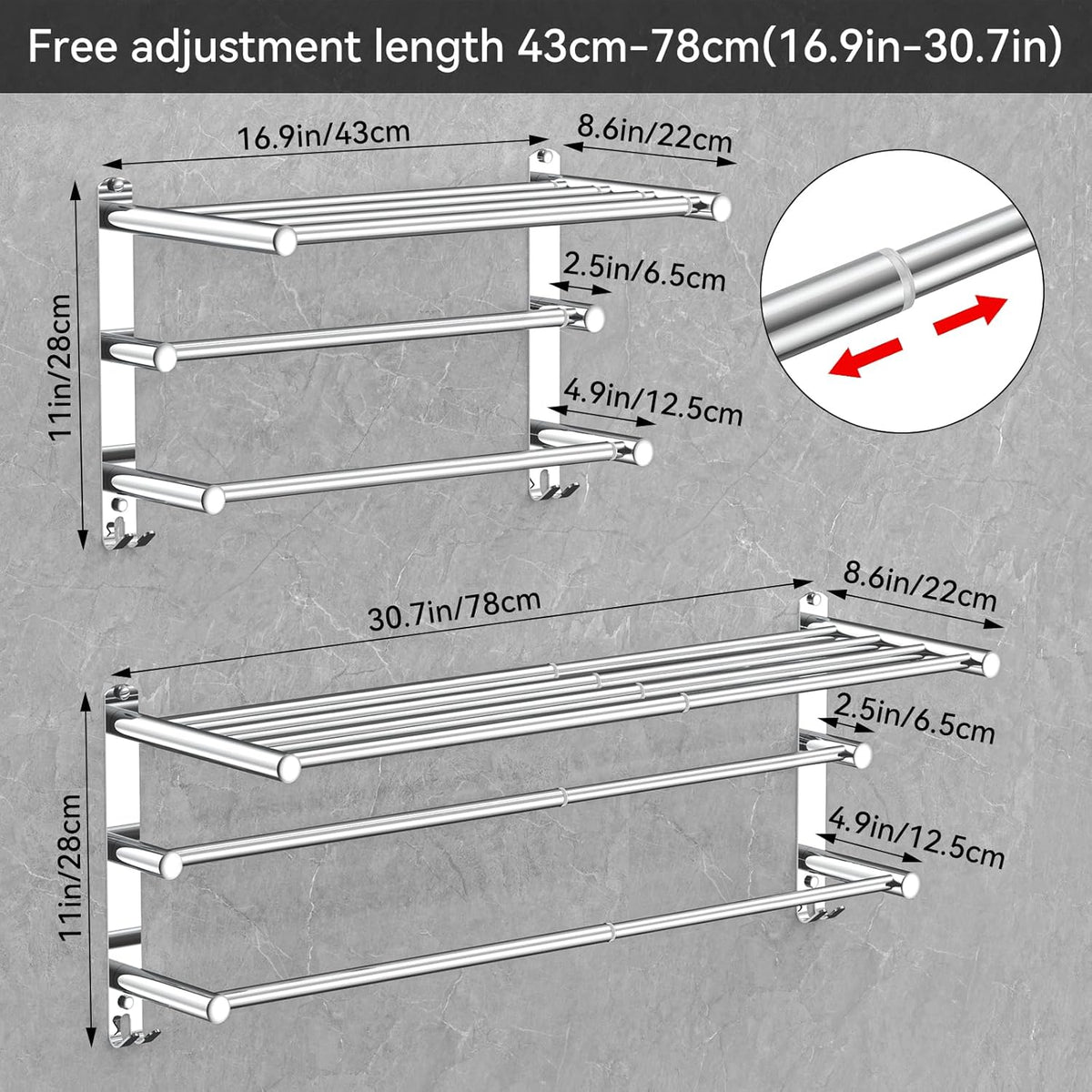 Adjustable Towel Bar for Bathroom Wall Mount17-30.7inch Adhesive Shower Towel Rack Stainless Steel Bath Towel Holders for Toilet Kitchen Double Towel Hanger (3-Layer Towel Rack)