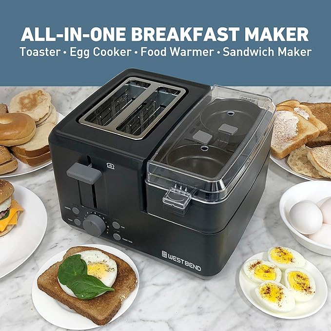 West Bend Breakfast Station 2-Slice Toaster and Egg Cooker/Poacher with Removable Pre-Cooked Meat and Vegetable Warming Tray for Perfect Breakfast Sandwiches, 1200-Watts, Black