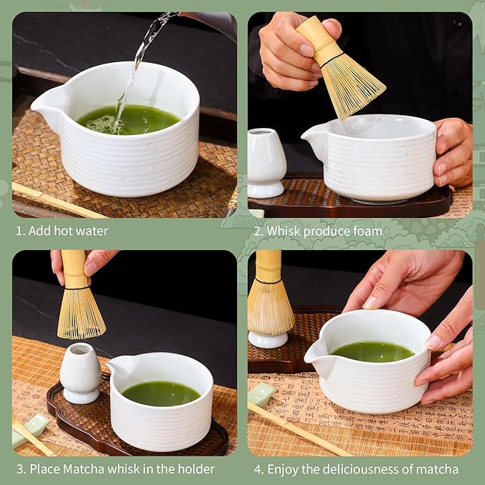 Matcha Bowl Set, Matcha Whisk and Holder, Stainless Sifter & Bamboo Scoop, Towel, 7 PCS Matcha Starter Kit for Matcha Lovers, White