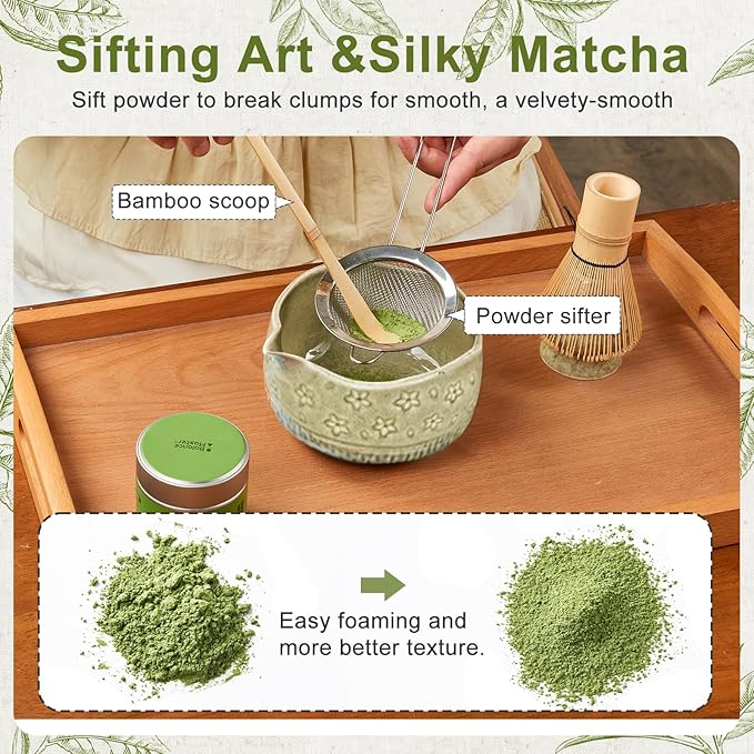 5Pcs Matcha Whisk Set, 18OZ Bowl With Spout, Japanese Ceremony Matcha Whisks Kit, 100% Natural Bamboo Whisk, Ceramic Whisk Holder (Green), Stainless Sifter, Tea Scoop, Gift for Matcha Lovers Beginner