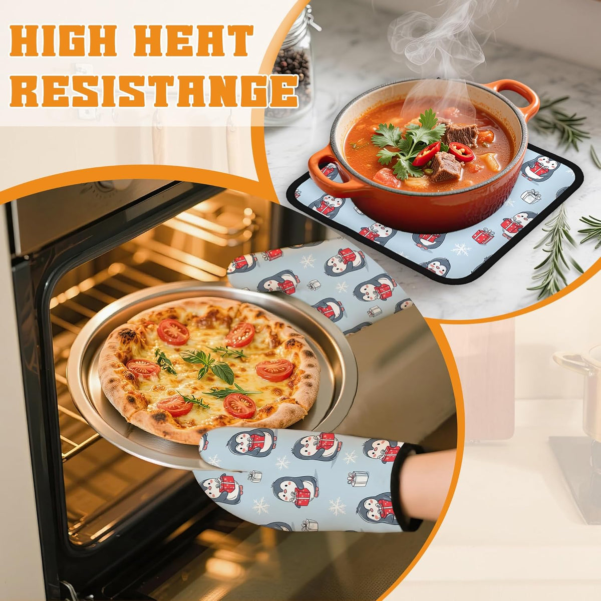 Christmas Cute Penguin Oven Mitts and Pot Holders Set,Snowflakes Kitchen Decor Heat Resistant Non Slip Hot Pads and Oven Mitt for Chef Cooking Baking BBQ Mom Girl Gifts(4 Piece Set)