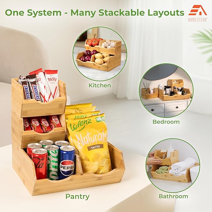 HOMESTEAD Bamboo Pantry Storage Bins – Potato & Onion Storage Bin for Pantry Organizers, Produce Organizer Set of 3 – Slide out Bin Access