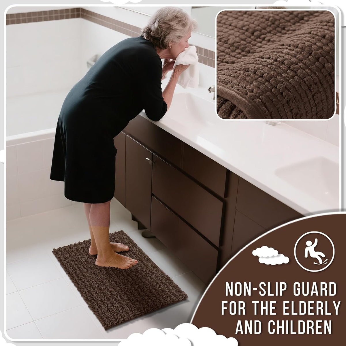 Yimobra Large Bathroom Rugs Non Slip Washable 36x24 Inch - Ultra Soft Absorbent Chenille Bath Mat, Quick Dry Shaggy Floor Carpet for Tub Shower, Brown Home Decor Accessories