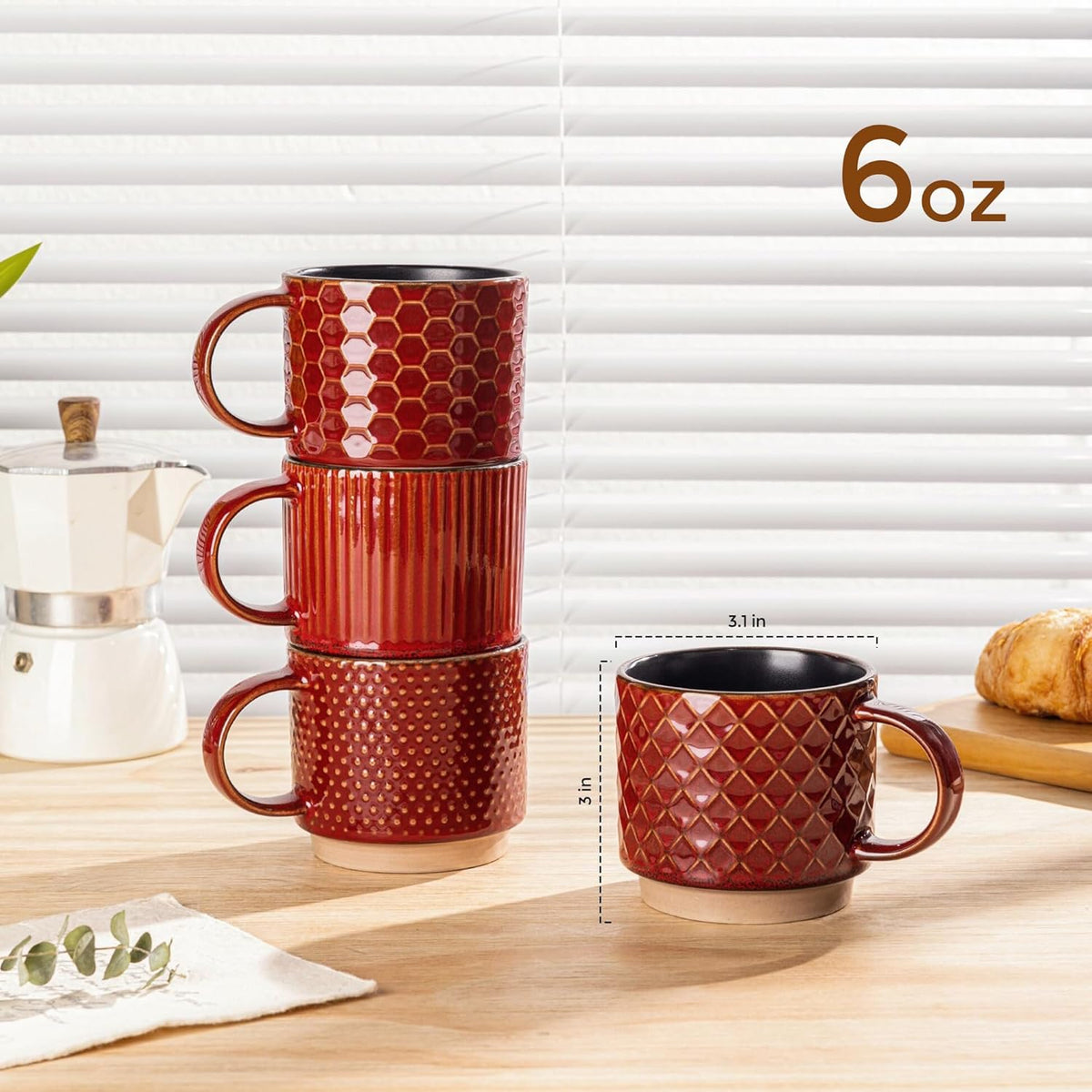 GBHOME 6 OZ Stackable Coffee Mugs, Ceramic Coffee Mugs with Texture Patterns for Man,Woman,Dad,Mom, Modern Coffee Cups Set of 4 for Espresso/Cappuccino/Cocoa. Dishwasher&Microwave Safe,Red