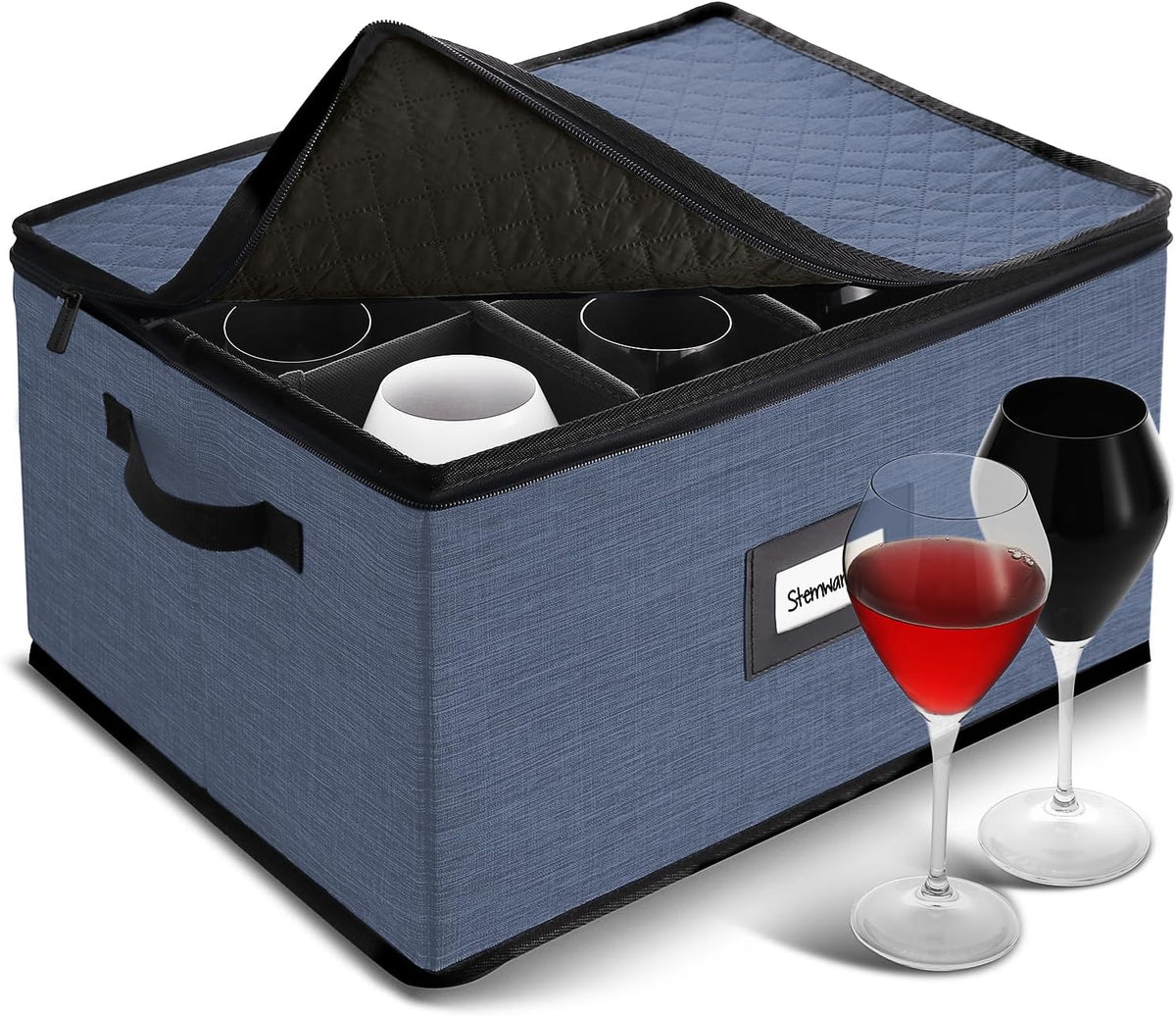 Hearth & Harbor Wine Glass Storage Box with Dividers, Quilted and Stackable Stemware Storage Cases, Service of 12 Glass China Container Hard Shell for Moving and Organization, Blue
