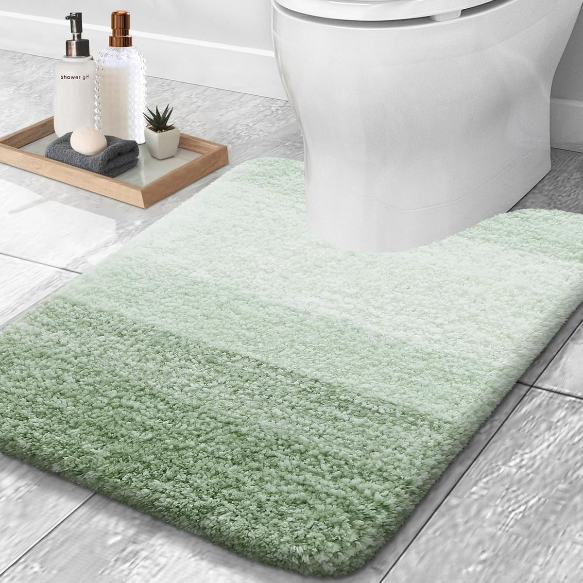 OLANLY Luxury Toilet Rugs U-Shaped 24x20, Extra Soft and Absorbent Microfiber Bathroom Rugs, Non-Slip Plush Shaggy Bath Mat, Machine Wash Dry, Contour Bathroom Mats for Toilet Base, Sage Green