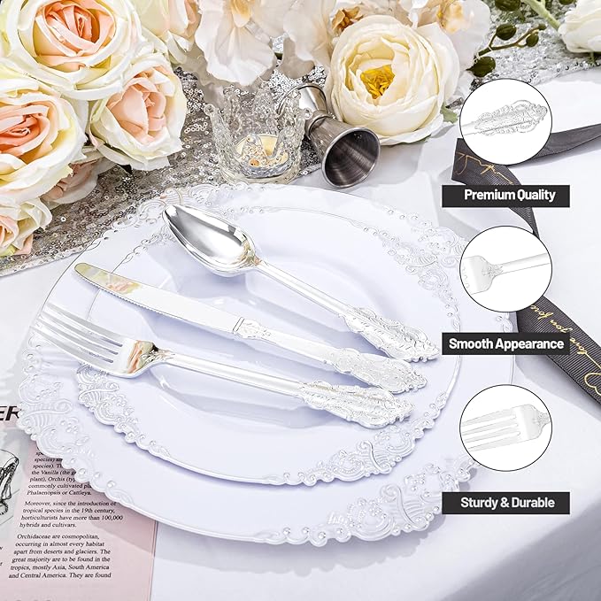 300Pieces Silver Plastic Silverware - Heavy Duty Silver Disposable Utensils - Fancy Plastic Cutlery Set Includes 100 Forks, 100 Spoons, 100 Knives for Dinner Parties Weddings