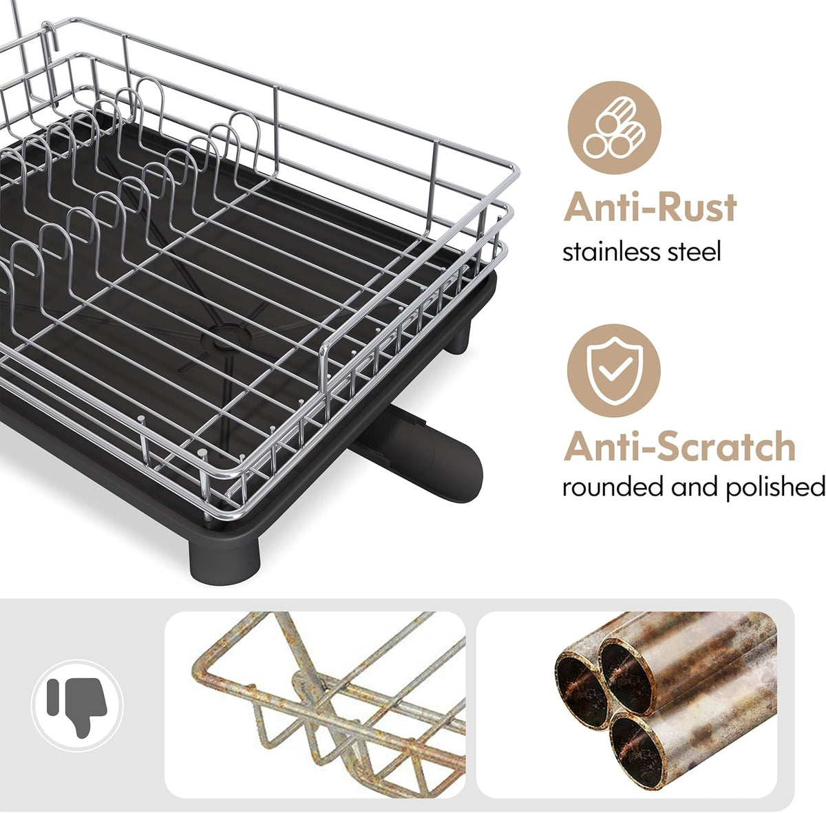 BOOSINY Stainless Steel Dish Drainers Drying Rack for Kitchen Counter with Automatic Drainage, 1 Tier Rust Proof Metal, Space Saving, Modern Aesthetic, Compact Plates Strainers,Gray