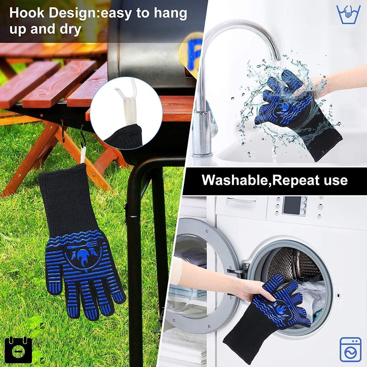 BBQ Gloves, 1472°F Extreme Heat Resistant Grill Gloves, Non-Slip Food Grade Silicone Oven Mitts Gloves for Kitchen, Cooking, Barbecue, Baking, Smoker (14inch)