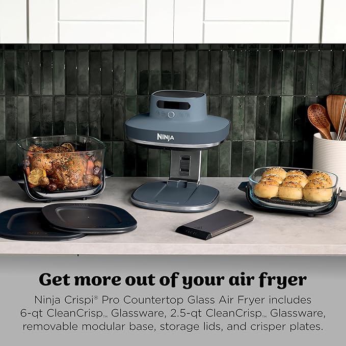 Ninja Crispi Pro 6-in-1 Glass Air Fryer | 450°F, Nontoxic, 6qt & 2.5qt Containers & Lids | Microwave, Freezer, Dishwasher Safe | Max Crisp, Air Fry, Bake, Roast, Recrisp, Dehydrate |Cyberspace AS101CY