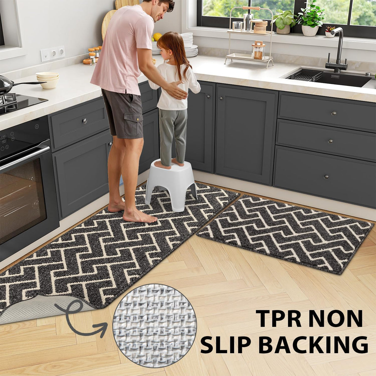hicorfe Kitchen Rugs and Mats Sets,Non-Slip 2 Pieces Absorbent 100% Polypropylene Rug,Comfort Kitchen Runner Mat,Washable for Kitchen,Sink,Laundry(20" x 31.5" Plus 20" x 48",Black)