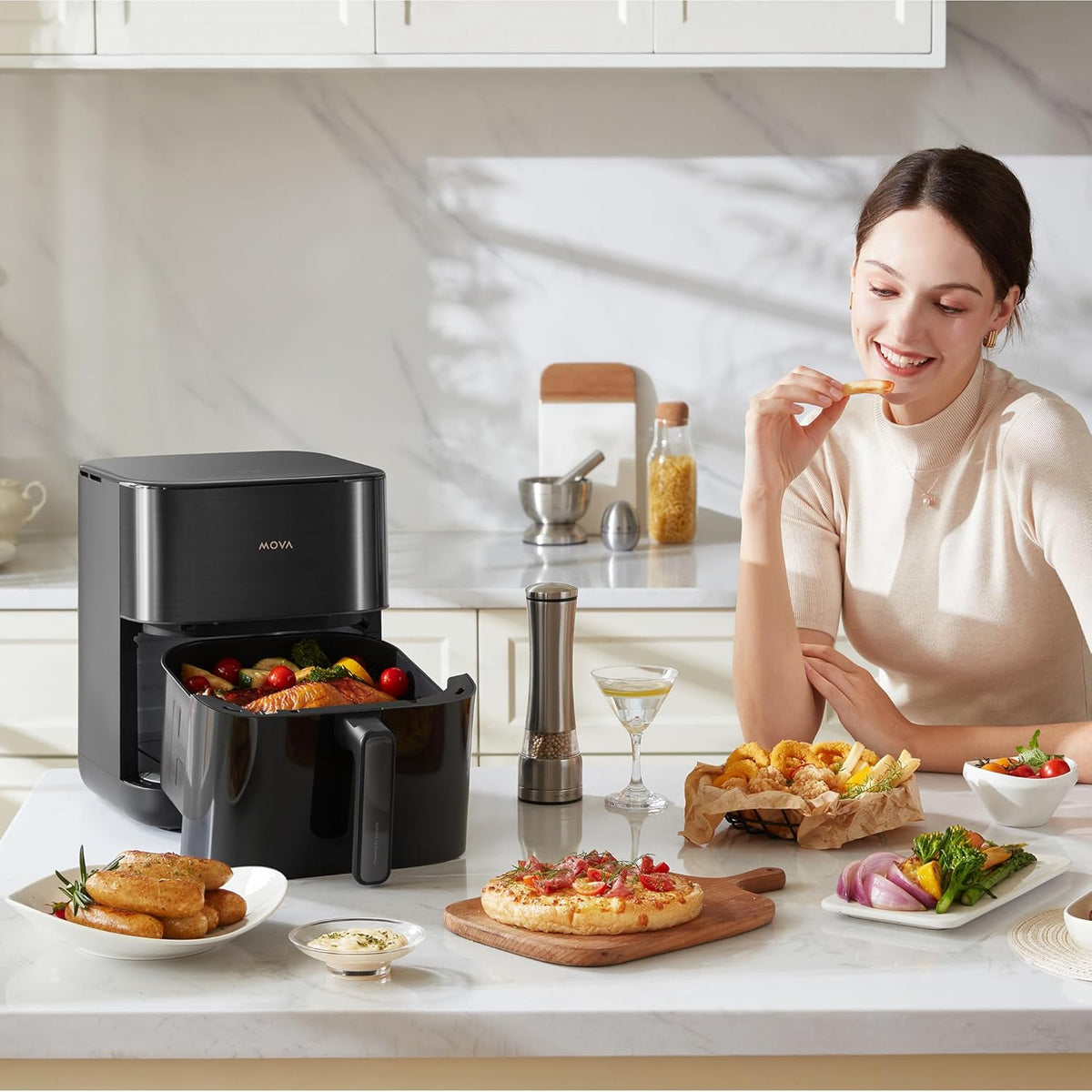 Mova FD10Pro Air Fryer, 6.3QT Large Digital Airfryer with Visible Window, 11 Preset Cooking Modes, Dual Heating System 122-450°F Precise Heat for Even Results, Non-Stick Baskets
