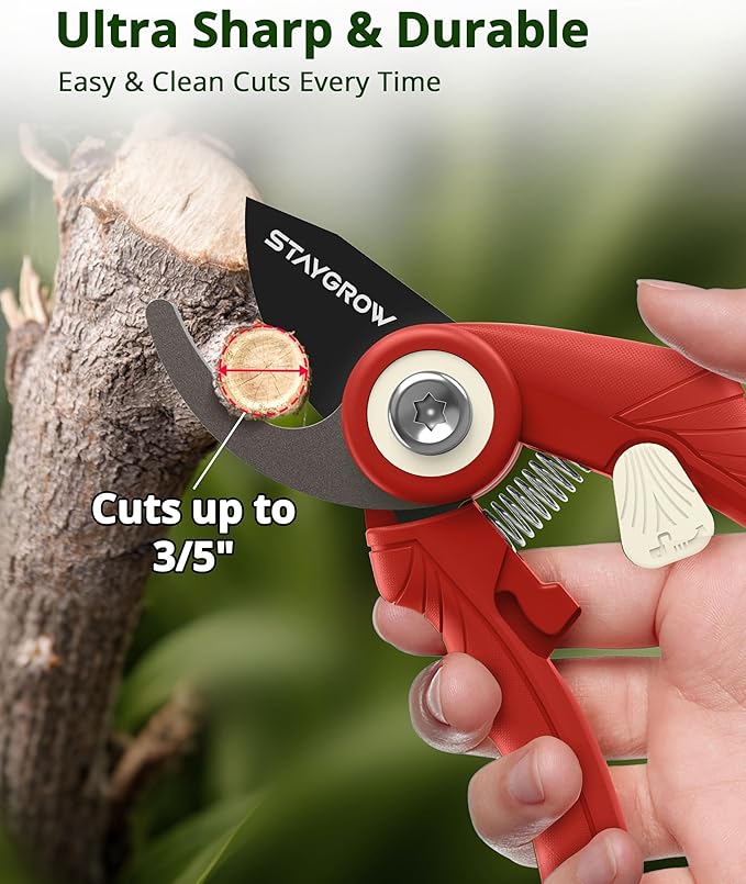 Pruning Shears - 6.9" Professional Garden Shears with SK5 Stainless Steel Sharp Blades, Garden Clippers with Comfortable Grip Hands and Safety Lock, Gardening Tools for Men Women - Red