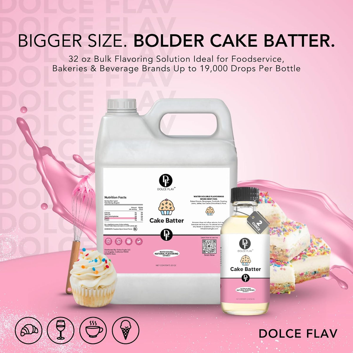 Dolce Flav Cake Batter Flavoring – 32 oz. – Premium Water-Based Extract for Ice Cream, Desserts, Boba, Beverages & Baked Goods | Perfect for Bakeries, Cafés & Restaurants