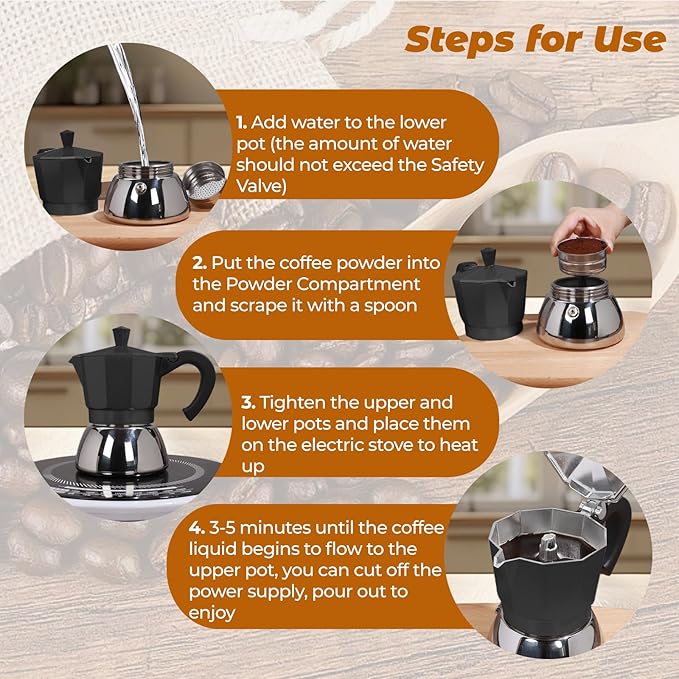 No Coating 6 Cup Aluminum and Stainless Steel Moka Pot Stovetop Espresso Maker Italian Coffee Machine 350ml 11.84oz Suitable for Gas Induction Stovetop Greca Coffee Maker Percolator Black