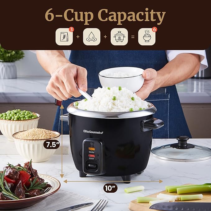 Elite Gourmet ERC006SS 6-Cup Electric Rice Cooker with Stainless Steel Inner Pot, Makes Soups, Stews, Porridges, Grains and Cereals, 6 cup (3 cups uncooked), Black
