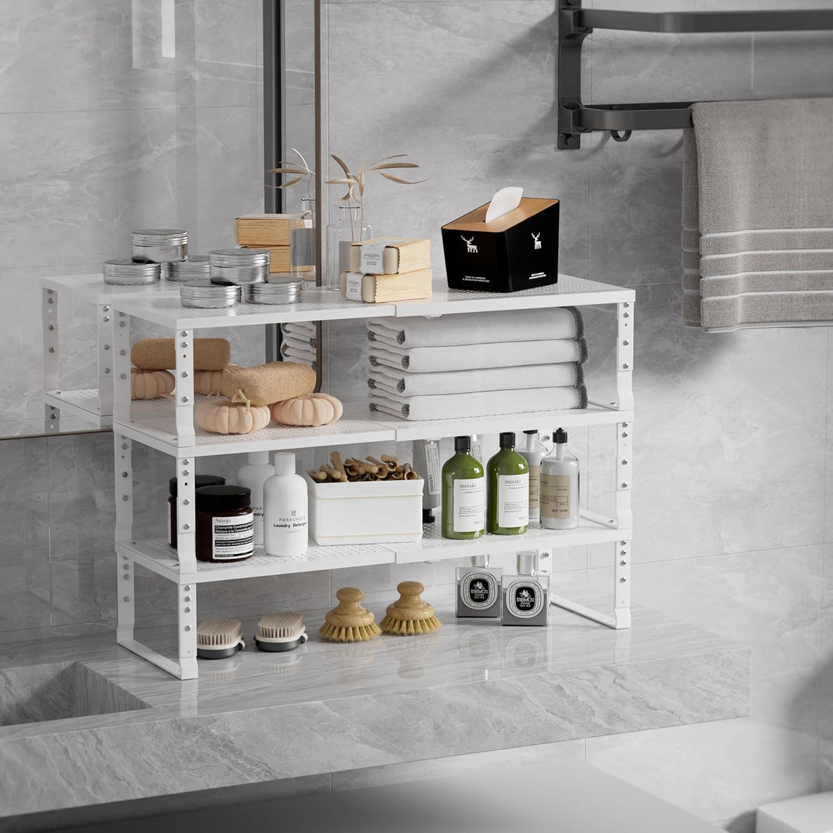 Expandable Spice Rack & Kitchen Cabinet Organizer - Stackable, Adjustable Shelves for Cabinets, Countertops, Cupboards & Pantries(1 Pack/Large/White)