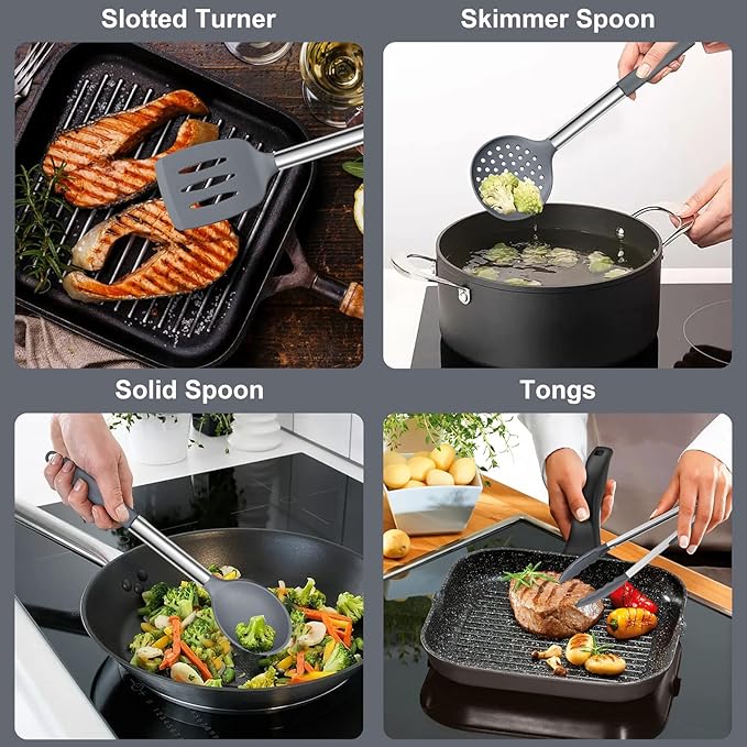 E-far Silicone Cooking Utensils Set, 7 Pcs Heat Resistant Kitchen Utensils with Stainless Steel Handle, Slotted Turner, Spoon, Soup Ladle, Pasta Server, Skimmer, Tongs for Nonstick Cookware, Gray