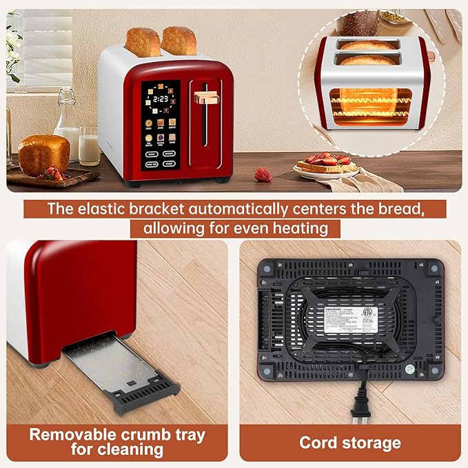 SEEDEEM Toaster 2 Slice with Touch Screen, Faster Heating Speed, 7 Shade Setting, 6 Bread Type, 1.5”Wide Slots Toaster, Removable Crumb Tray, 1350W, Dark Cherry