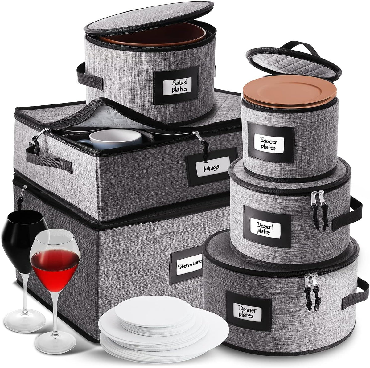 Fine China Storage Containers Hard Shell, 6 Piece Dish Storage Containers, Stackable Plate Storage Containers, Coffee Mug Storage and Wine Glass Storage Box with Dividers, Quilted Dish Organizers