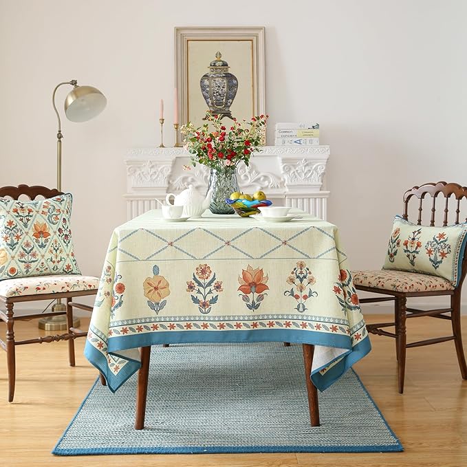 ISAENNE Designer Linen Floral Table Cloth for Rectangle Table,Light Green Farmhouse Durable Tablecloth,Washable Decor Tablecloths for Dining Kitchen Thanksgiving Christmas,55"*79"-Floralsea B
