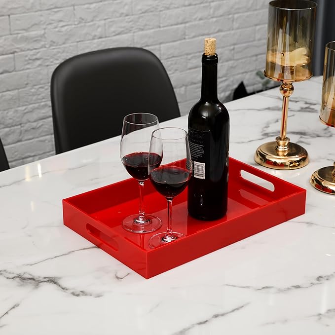 Sturdy Red Acrylic Serving Tray with Handles - 10x15Inch, Coffee, Appetizer, Breakfast, Butler Tray - Kitchen Countertop & Vanity Table Organizer