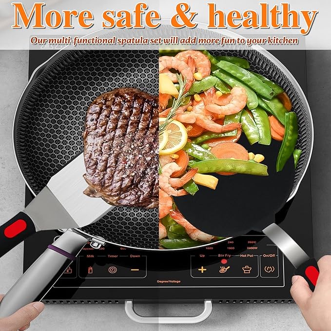 6-Pieces Silicone Spatula Turner Metal Stainless Steel Spatulas Set, Food-Grade 600°F Heat-Resistant Tools for Grilling, Burgers, Omelets and Pancakes with Non-Slip Handles